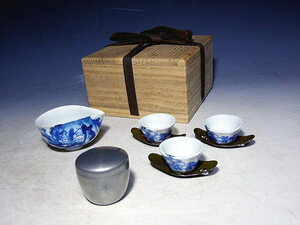 【良】 古作 煎茶道具4点揃 / 湯冷（道八）・煎茶碗（仁清）・銅茶托・錫茶壷◆ 中国古玩 煎茶道具 東洋彫刻 竹籠 中国陶器 鉄瓶 急須 茶合