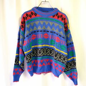 【1980s】ビンテージ　カラフルニットセーター　デザイン　総柄　アート　幾何学模様　古着屋　卸売り　海外仕入れ　赤　青