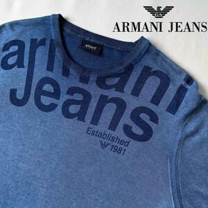 (美品) アルマーニ ジーンズ ARMANI JEANS クルーネック ニット US L 185/100A (日本XL) インディゴ ブルー 薄手コットンセーター シャツ