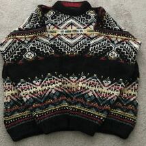 80s 90s デッドストック スコットランド製 ローゲージ ニット セーター ブラック系 LARGE ウール ハンドニット ビンテージ SWEATER 黒系_画像6