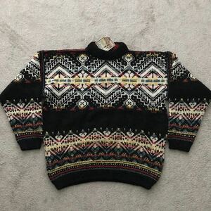 80s 90s デッドストック スコットランド製 ローゲージ ニット セーター ブラック系 LARGE ウール ハンドニット ビンテージ SWEATER 黒系