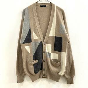 ☆CASHMERE カシミヤ100% メンズ カシミア Vネックニットカーディガン 幾何学模様 サイズM ベージュ系 古着【送料一律/同梱可能】F