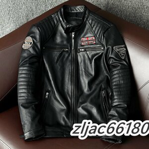 秋冬　ハレーバイクレザージャケット 上品　本革 高級　牛革　刺繍　ライダースジャケット 革ジャン Ｓ～6XL　　黒