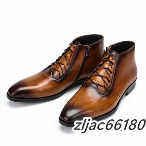 ショートブーツ 本革 メンズブーツ 牛革 マーティンブーツ 紳士靴 レザーシューズ 皮靴 ビジネス 革靴 ブラウン 27.5cm　サイズ選択可能