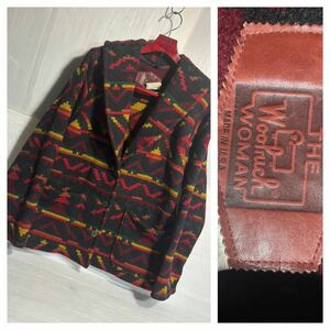 90's ヴィンテージ Woolrich ウールリッチ　USA製　黒　肉厚ウール　チマヨ柄　ショールカラー　ラグジャケット　M ブラック　ラスタ