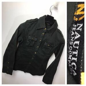 NAUTICA JEANS COMPANY ノーティカ × BOBSON ボブソン 墨黒 長袖 ポリ綿 ストレッチ ミリタリー シャツ ブラック M