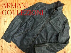 ★アルマーニ ARMANI COLLEZIONI★羊革ラムスキン ゴートファー付き レザージップジャケット イタリア製★R51203041A