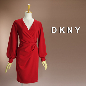 新品 DKNY 14/19号 ダナキャラン 赤 ワンピース パーティドレス 長袖 大きいサイズ 結婚式 二次会 披露宴 フォーマル お呼ばれ 凛59D0808