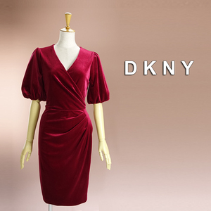 新品 DKNY 10/15号 ダナキャラン 赤 ベロア ワンピース パーティドレス 半袖 結婚式 二次会 披露宴 フォーマル 発表会 演奏会 輝53D1602