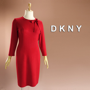 新品 DKNY 19号～21号 ダナキャラン 赤 リボンタイ ニットワンピース パーティドレス 大きいサイズ 結婚式 二次会 披露宴 凛葵50E1505