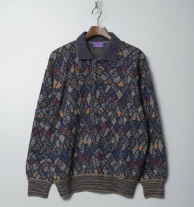 GO9875◇イタリア製 ミッソーニ/MISSONI メンズM 総柄 衿付き ウール ニット セーター ネイビー系