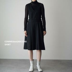 極美品COMMEdesGARCONS SHIRT ジャンパースカート プリーツ 吊りスカート ウールギャバ ジレドッキング フレア ブラック made in France