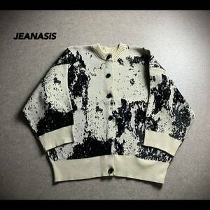 美品 JEANASIS ジーナシス クルーネック カーディガン FREESIZE 総柄 チズ×オフホワイト トップス レディース 12GアソートボタンクルーCD