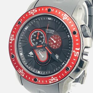 美品 CITIZEN シチズン エコドライブ W.R.10BAR H500-S055229 ステンレススチール ラバー レッド ソーラー 黒文字盤 腕時計 メンズ