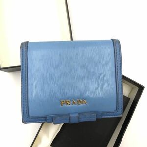 1円【希少品】PRADA プラダ 二つ折り財布 ヴィッテロムーブ サフィアノ ウォレット 小銭入れ 金ロゴ リボン レディース レザー ブルー 青