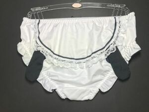 63 ホワイト バックフリルエプロン メイドルック ストレッチ サテン パンティ Ｍ ツルツル 光沢