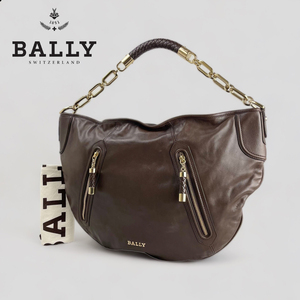 ■BALLY・バリー■ 肩掛けバック セミショルダーバック ゴールドチェーン 編み込みレザーハンドル 月形ショルダーバック