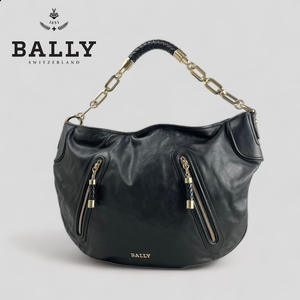 ■BALLY バリー■ ゴールドチェーン 月形ワンショルダーバック 肩掛けバック ゴールドロゴ 編み込みレザーハンドル