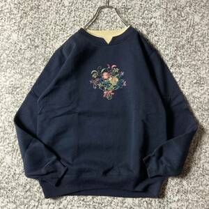 【90sオールド】ボタニカル刺繍デザインWネック　ビンテージレディーススウェット　ネイビー　Sサイズ 古着 パナマボーイ