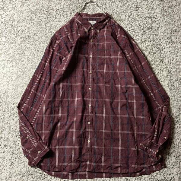 【90sオールド】オーバーサイズ　BDチェックパターンL/Sシャツ　ボルドー　3XLサイズ 古着 ビンテージ　長袖シャツ 