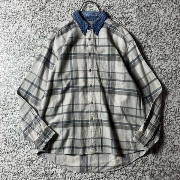 【90sオールド】インド綿　襟切替し　BDビンテージL/Sチェックシャツ　Lサイズ 古着　長袖シャツ 