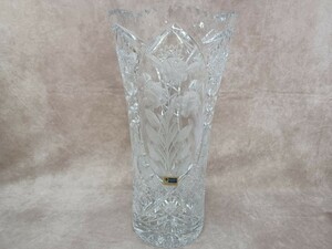 花瓶 花器 DRESDEN KRISTAL ドレスデン クリスタル カットガラス 薔薇？ 花柄 置物 オブジェ インテリア小物 高級感 高さ約37.3㎝ 箱あり