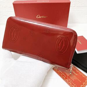 【証明書あり】【美品】Cartier カルティエ ハッピーバースデー ラウンド 長財布 赤 Y191 レディース エナメル レッド 
