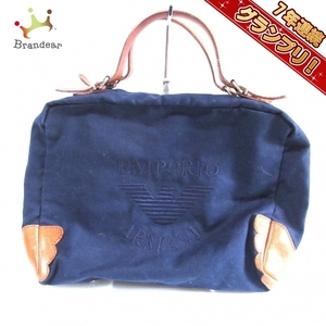 エンポリオアルマーニ EMPORIOARMANI ハンドバッグ - キャンバス×レザー ネイビー×ブラウン 刺繍 バッグ
