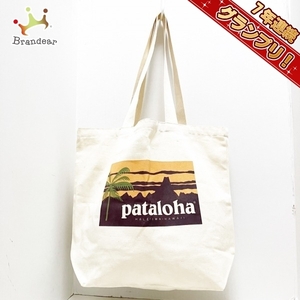 パタロハ pataloha トートバッグ - キャンバス アイボリー×オレンジ×マルチ ロゴプリント/パームツリー バッグ