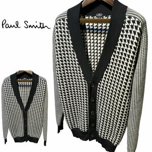 国内正規品 極美品PS Paul Smith ポールスミス ロゴ刻印ボタン 千鳥格子柄 チェック柄 切替 羊毛 100% カーディガン M 白 黒 あったかい！