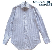 高級日本製!!メーカーズシャツ鎌倉 Maker's Shirt鎌倉*TRAVELER 225Liberty ストライプ柄ドレスシャツ 38-82 実寸M 白×黒×青_画像1