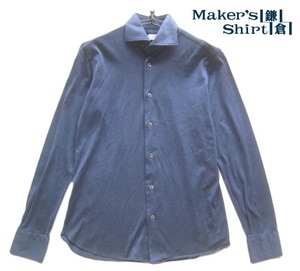 美品イタリア製!!メーカーズシャツ鎌倉 Maker's Shirt鎌倉 134*カシミヤコットンカットソーシャツ 39 実寸M 紺 ネイビー