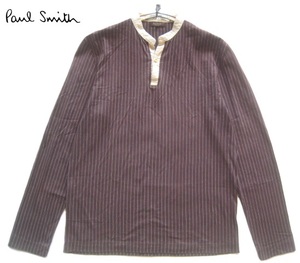 美品日本製!!ポールスミス コレクション Paul Smith COLLECTION*ストライプ柄ヘンリーネックコットンニットカットソー M 茶 ブラウン