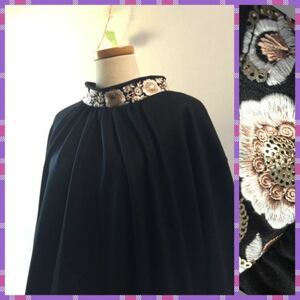 handmade::ハイネック花柄刺繍ブラックワンピース：北欧英国ハンドメイド黒フォーマルコットン綿スパンコールプルオーバーバルーンドレス