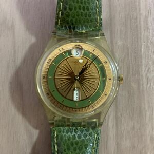 swatch スウォッチ SWISS AG1994 アナログ 腕時計 クリアケース デイデイト ゴールド グリーン レザーベルト クォーツ スケルトン