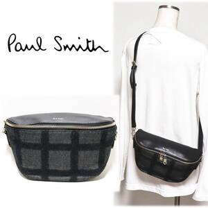 《Paul Smith ポールスミス》新品 スタイリッシュなデザイン レザー切り替え チェックショルダーバッグ プレゼントにも A9141