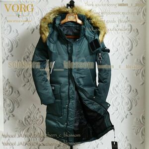 新品□V.O.R.G ダウン90% ダウンコート グリーン M ■ 冬 紳士 メンズ ダウンジャケット 緑 ロングコート アウター ファー フード脱着可