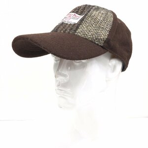 美品 HARRIS TWEED ハリスツイード ウールブレンド 切替デザイン ツイード ベースボールキャップ F ブラウン系 スナップバック 帽子 メンズ