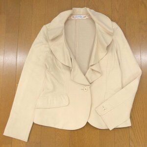 ●美品 NARACAMICIE ナラカミーチェ ウールブレンド フリルカラー ストレッチ ジャケット 4(2XL) ベージュ 長袖 羽織り 3L ゆったり 大きい