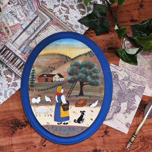 ☆゜+.ヨーロッパの田舎町 装飾パネル アート 手描き 木製ボード 英国 装飾品 インテリア カントリー イギリス 絵画