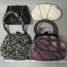 5618同梱NG☆ハンドバッグ/総柄ビーズ刺繍バッグ/がま口/和装小物/パーティー/白黒紫/組曲/ブラック/フォーマル/振袖/まとめて4点セット_画像1