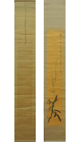 白草 梅図 掛け軸 掛軸 中古 紙に墨彩 日本画 Japanese hanging scroll レトロ, 美術品, 絵画, 水墨画