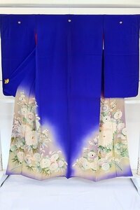 【着物フィ】アンティーク 色留袖 青色n刺繍　身丈158cm ビビット 五ッ紋 袷 大正ロマン kimono 仕立上がり 15217