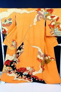 【着物フィ】アンティーク　引きづり　刺繍　身丈164cm　舞台衣装　踊り　オレンジ　大正ロマン レトロ 15262