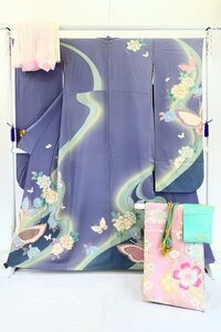 【着物フィ】振袖 袋帯 襦袢 帯揚げ 帯締め 5点 セット ブルーグレー 金駒刺繍 アゲハ蝶 メルヘン 成人式 結婚式 正絹 仕立て上がり 15315