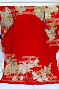 【着物フィ】セミアンティーク 掛下　赤色　総刺繍　吉祥 花嫁　豪華絢爛　結婚式　リメイク　練習　正絹　袷　仕立て上がり　15313