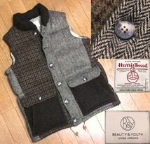 美品 BEAUTY&YOUTH ユナイテッドアローズ 英国 HARRIS TWEED ハリスツイード ヘリンボーン チェック クレイジー切替 ダウンベスト メンズ L_画像1