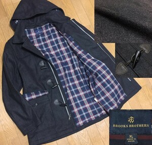 極美品 BROOKS BROTHERS ブルックスブラザーズ 上質 メルトンウール チェック柄裏地 水牛角トグル フード ダッフルコート メンズ US XL