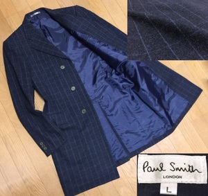 美品 Paul Smith LONDON ポールスミス 日本製 高級 ウール チェック柄 ロング チェスターコート メンズ L 紺 ネイビー ビジネス 全紳連