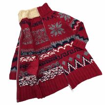 B346 sunaokuwahara スナオクワハラ ニット コート ジップアップ アウター 上着 羽織り 長袖 ウール 100% レッド 赤 総柄 レディース M_画像7